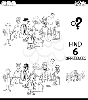 Black and White Cartoon Illustration of Finding Six Differences Between Pictures Educational Game for Kids with People Characters Group Coloring Book