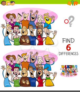 Cartoon Illustration of Finding Six Differences Between Pictures Educational Game for Children with Happy People Characters Group
