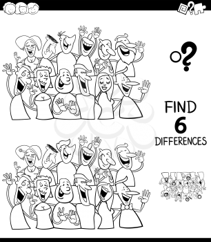 Black and White Cartoon Illustration of Finding Six Differences Between Pictures Educational Game for Children with Happy People Characters Group Coloring Book