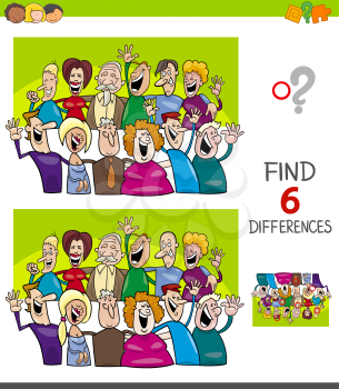 Cartoon Illustration of Finding Six Differences Between Pictures Educational Game for Children with Funny People Characters Group