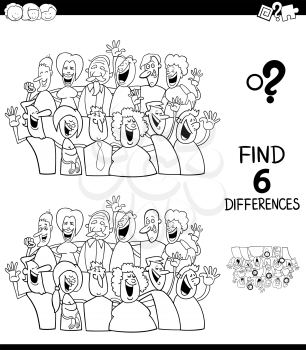 Black and White Cartoon Illustration of Finding Six Differences Between Pictures Educational Game for Children with Funny People Characters Group Coloring Book