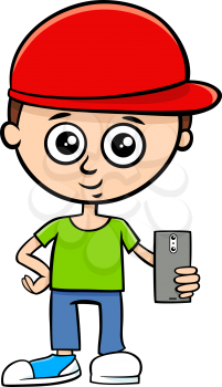 Cartoon Illustration of Kid Boy Character with Smart Phone Device