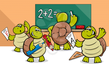 Cartoon Illustration of Turtle Animal Characters at School