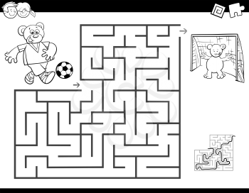 Black and White Cartoon Illustration of Education Maze or Labyrinth Activity Game for Children with Bear Playing Soccer Coloring Book