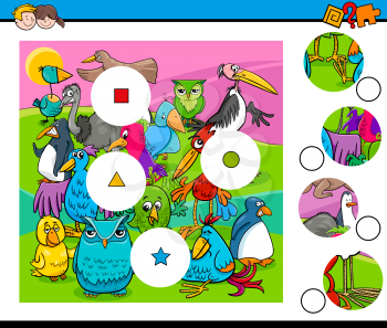 Cartoon Illustration of Educational Match the Pieces Activity Game for Children with Birds Animal Characters