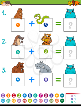 Cartoon Illustration of Educational Mathematical Addition Puzzle Game for Children with Animal Characters