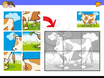 Cartoon Illustration of Educational Jigsaw Puzzle Activity Game for Children with Milker Cow Animal Character