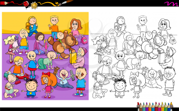 Cartoon Illustration of Kida and Babies Characters Group Coloring Book Worksheet
