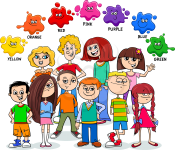 Cartoon Illustration of Basic Colors Educational Worksheet for Kids with Happy Children Characters