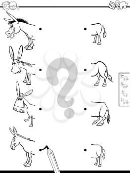Black and White Cartoon Illustration of Educational Game of Matching Halves of Comic Donkeys Animal Characters Pictures Coloring Book