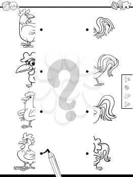 Black and White Cartoon Illustration of Educational Game of Matching Halves of Comic Rooster Animal Characters Pictures Coloring Book