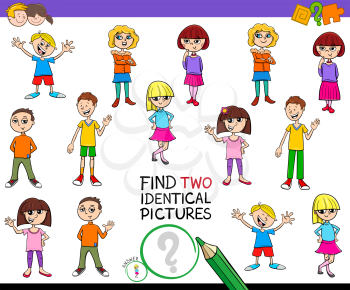 Cartoon Illustration of Finding Two Identical Pictures Educational Game for Kids with Children or Teenager Characters