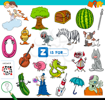 Cartoon Illustration of Finding Picture Starting with Letter Z Educational Game Workbook for Children