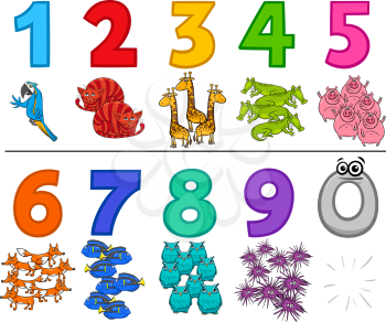 Cartoon Illustration of Educational Numbers Set from One to Nine with Funny Animals