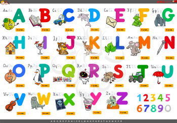 Cartoon Illustration of Capital Letters Alphabet Set with Funny Characters for Reading and Writing Education for Children