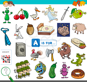 Cartoon Illustration of Finding Picture Starting with Letter A Educational Game Worksheet for Children