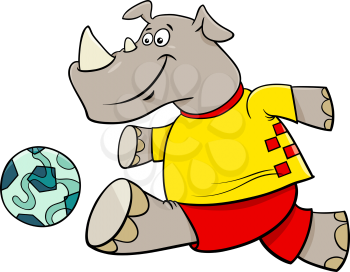 Cartoon Illustrations of Rhino Football or Soccer Player Character with Ball