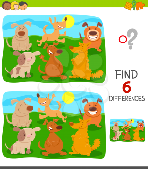 Cartoon Illustration of Finding Six Differences Between Pictures Educational Game for Children with Cute Dogs and Puppies Group