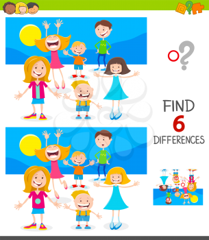 Cartoon Illustration of Finding Six Differences Between Pictures Educational Game for Kids with Happy Children Characters Group