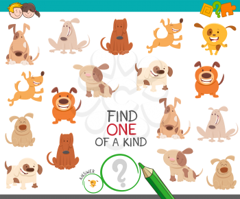 Cartoon Illustration of Find One of a Kind Picture Educational Activity Game with Cute Dogs and Puppies Animal Characters