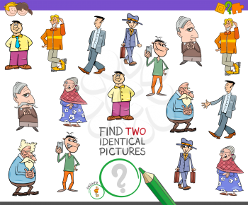Cartoon Illustration of Finding Two Identical Pictures Educational Game for Children with Comic People
