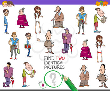 Cartoon Illustration of Finding Two Identical Pictures Educational Game for Children with Funny People Characters