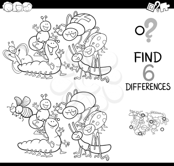 Black and White Cartoon Illustration of Spot the Differences Educational Activity Game for Children with Insects Animal Characters Group Coloring Book