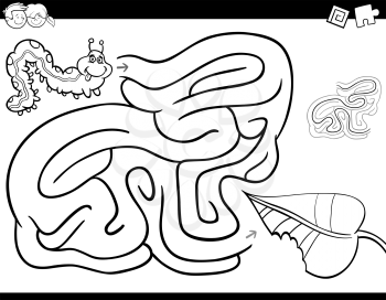 Black and White Cartoon Illustration of Education Maze or Labyrinth Activity Game for Children with Caterpillar Insect Character and Leaf Coloring Book