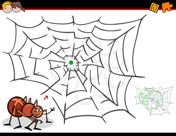 Cartoon Illustration of Education Maze or Labyrinth Activity Game for Children with Spider Insect Character and his Web