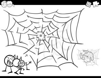 Black and White Cartoon Illustration of Education Maze or Labyrinth Activity Game for Children with Spider Insect Character and his Web Coloring Book