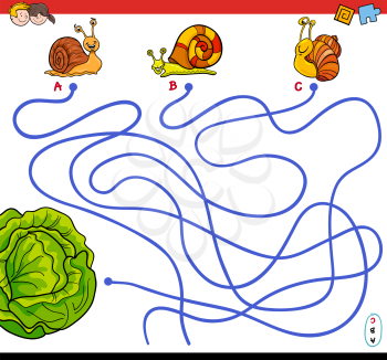 Cartoon Illustration of Paths or Maze Puzzle Activity Game with Snail Characters and Lettuce