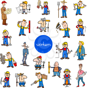 Cartoon Illustration of Funny Manual Workers at Work Characters Large Set