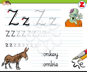 Cartoon Illustration of Writing Skills Practice with Letter Z Worksheet for Preschool and Elementary Age Children