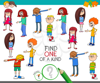 Cartoon Illustration of Find One of a Kind Picture Educational Activity Game with Kids and Teenager Characters