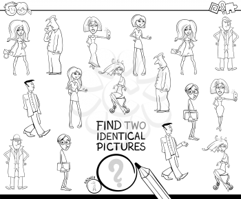 Black and White Cartoon Illustration of Finding Two Identical Pictures Educational Game for Kids with Funny People Characters Coloring Book