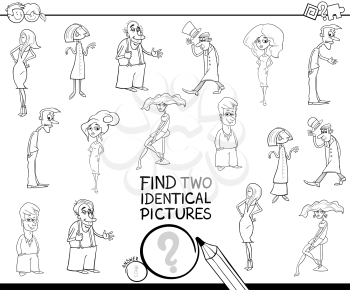 Black and White Cartoon Illustration of Finding Two Identical Pictures Educational Game for Children with Funny People Characters Coloring Book
