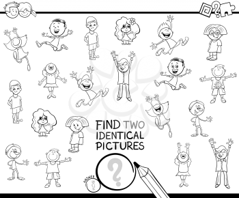 Black and White Cartoon Illustration of Finding Two Identical Pictures Educational Game for Kids with Boys and Girls Children Characters Coloring Book