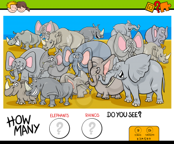 Cartoon Illustration of Educational Counting Game for Children with Elephants and Rhinos Animal Characters Group