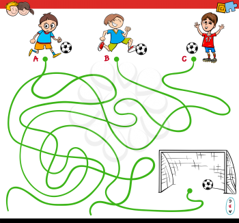 Cartoon Illustration of Paths or Maze Puzzle Activity Game with Kid Boys and Soccer