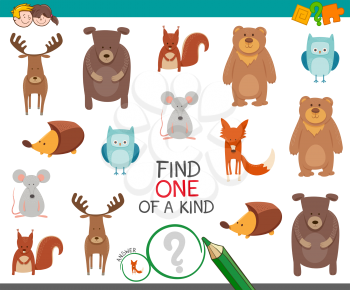 Cartoon Illustration of Find One of a Kind Educational Game for Kids with Animal Characters
