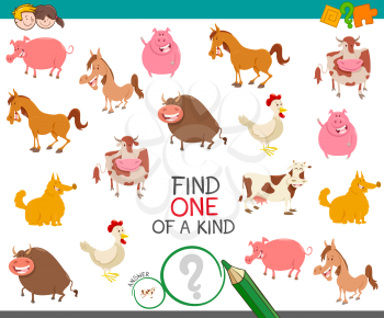 Cartoon Illustration of Find One of a Kind Educational Game for Kids with Farm Animal Characters