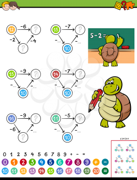 Cartoon Illustration of Educational Mathematical Subtraction Puzzle Game for Children