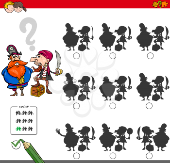 Cartoon Illustration of Finding the Shadow without Differences Educational Activity for Children with Two Pirates Fantasy Characters