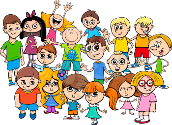 Cartoon Illustration of Preschool or Elementary School Age Children Characters Group