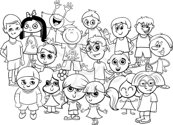 Black and White Cartoon Illustration of Preschool or Elementary School Age Children Characters Group Coloring Book