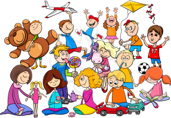 Cartoon Illustration of Children Characters Group Playing with Toys