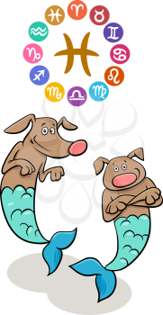 Cartoon Illustration of Pisces Zodiac Sign with Funny Dog