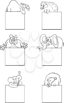 Black and White Cartoon Illustration of Animals with White Banner Card Design Set