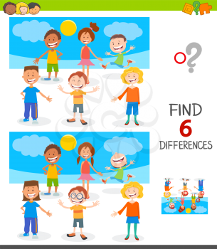 Cartoon Illustration of Finding Six Differences Between Pictures Educational Game for Children with Happy Kids and Teen Characters Group