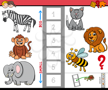 Cartoon Illustration of Educational Game of Finding the Largest and the Smallest Animal with Funny Characters for Kids